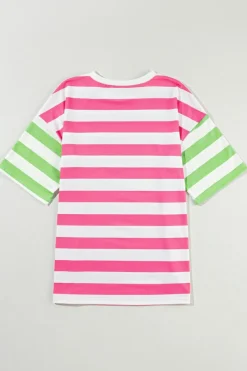 Hot Dear-Lover Contrast Patch Pocket Drop Sleeve T Shirt Pink Stripe