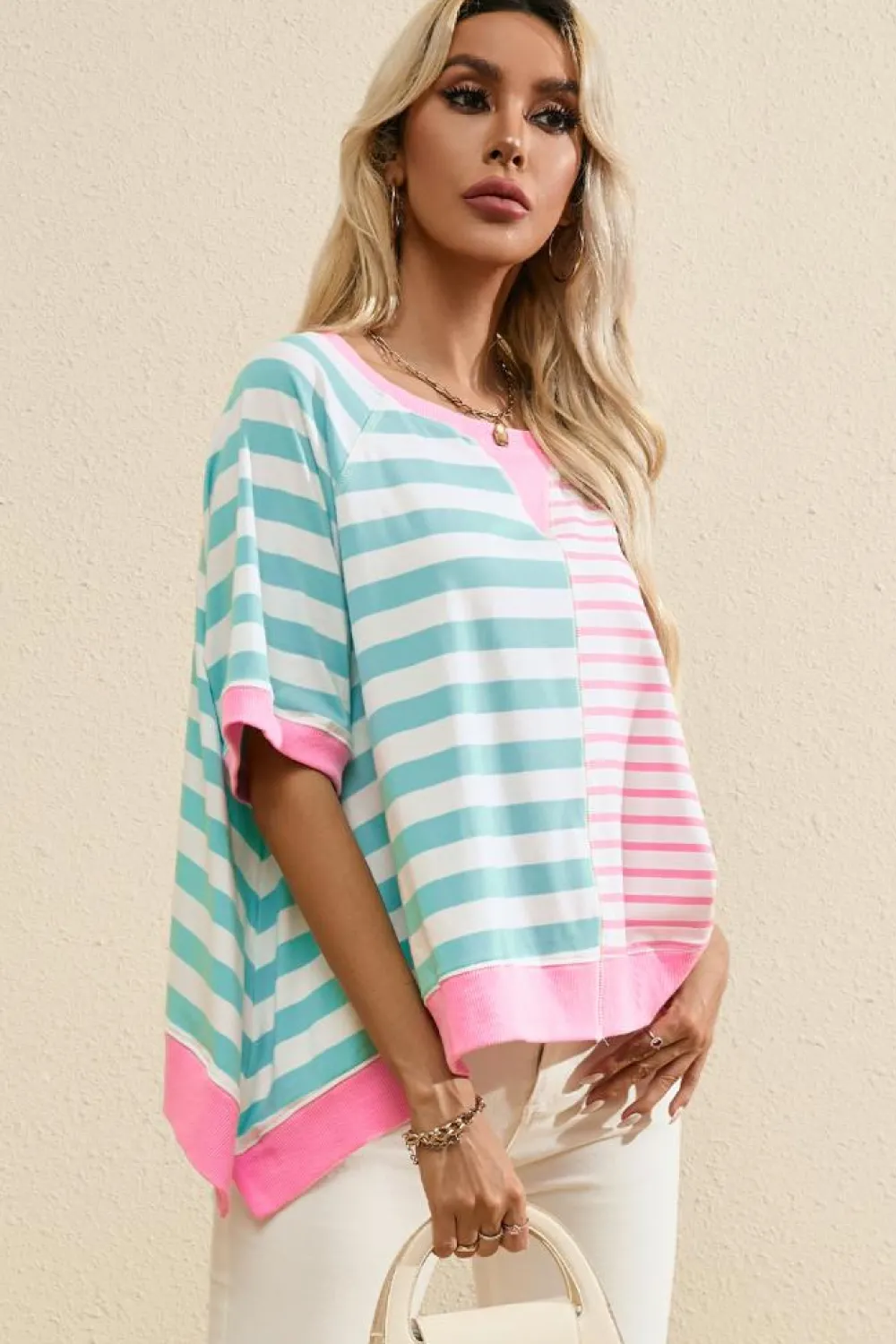 New Dear-Lover Contrast Patchwork Oversized T Shirt Pink Stripe