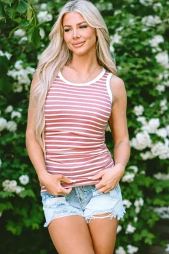 Sale Dear-Lover Contrast Round Neck Sleeveless Slim Top Pink Stripe