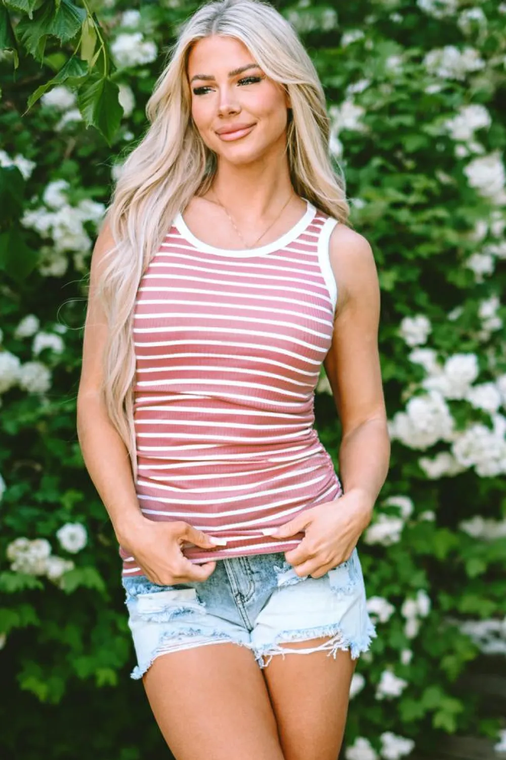 Sale Dear-Lover Contrast Round Neck Sleeveless Slim Top Pink Stripe