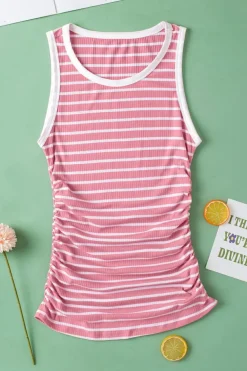 Sale Dear-Lover Contrast Round Neck Sleeveless Slim Top Pink Stripe