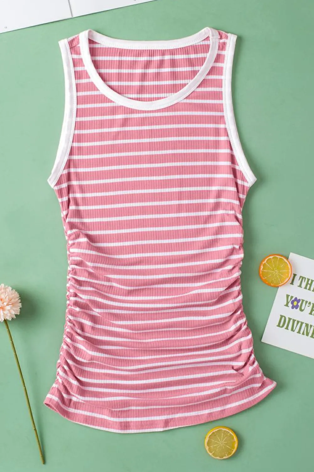 Sale Dear-Lover Contrast Round Neck Sleeveless Slim Top Pink Stripe
