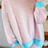 Best Dear-Lover Contrast Trim High Low Pullover Tunic Sweatshirt Pink Stripe