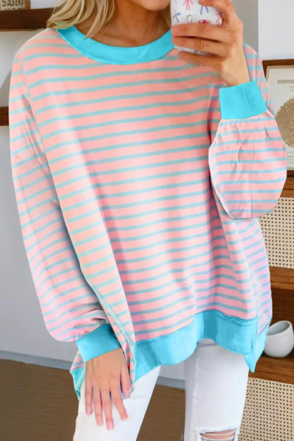 Best Dear-Lover Contrast Trim High Low Pullover Tunic Sweatshirt Pink Stripe