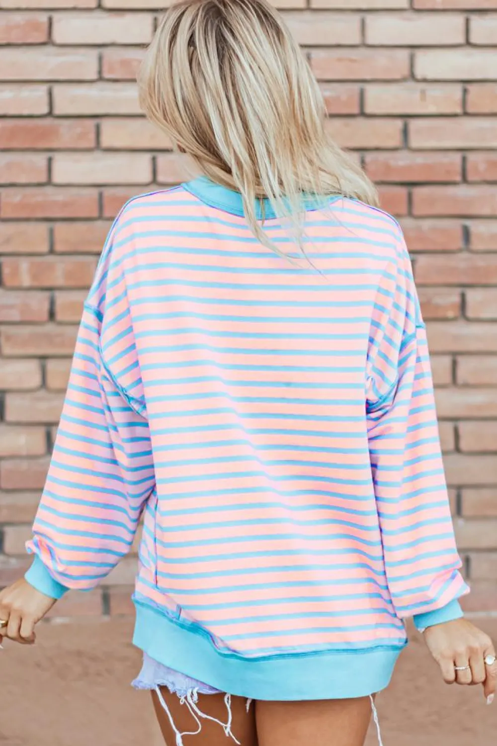 Best Dear-Lover Contrast Trim High Low Pullover Tunic Sweatshirt Pink Stripe
