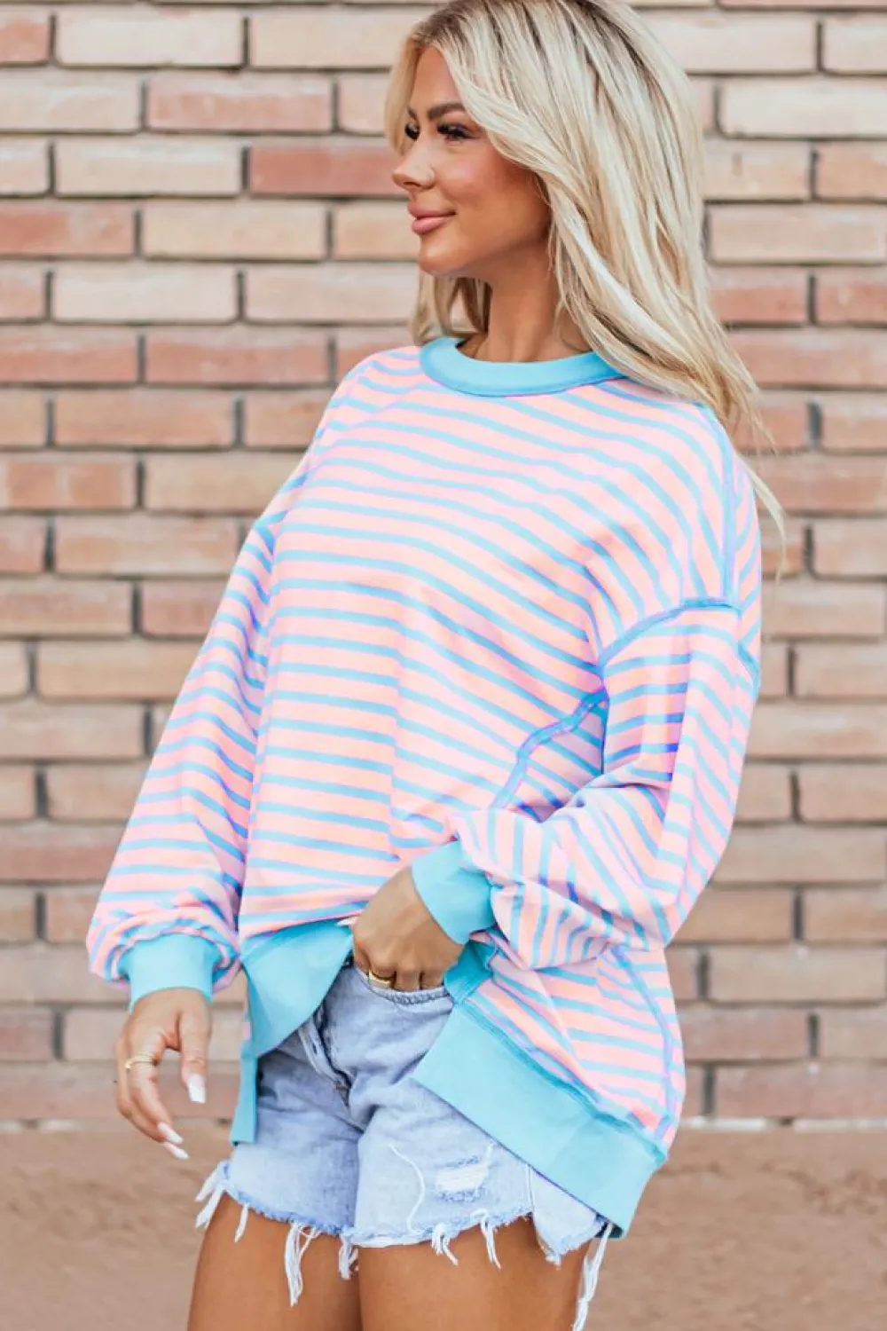 Best Dear-Lover Contrast Trim High Low Pullover Tunic Sweatshirt Pink Stripe
