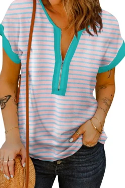 Outlet Dear-Lover Contrast Trim Half Zip Short Sleeve Top Pink Stripe