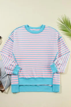 Best Dear-Lover Contrast Trim High Low Pullover Tunic Sweatshirt Pink Stripe