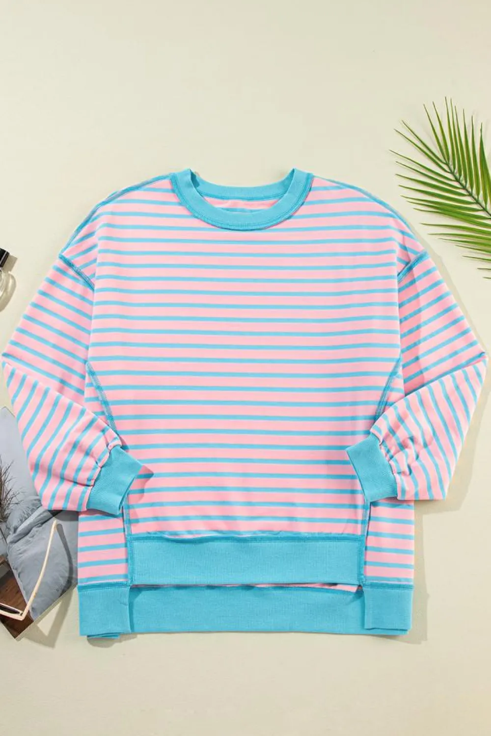 Best Dear-Lover Contrast Trim High Low Pullover Tunic Sweatshirt Pink Stripe