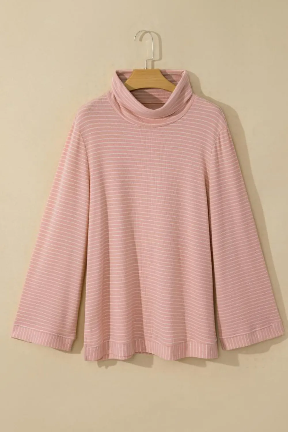 Clearance Dear-Lover Cowl Neck Side Slits Loose Fit Long Sleeve Top Pink Stripe