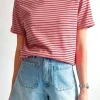 Hot Dear-Lover Crew Neck Casual T Shirt Pink Stripe