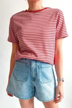 Hot Dear-Lover Crew Neck Casual T Shirt Pink Stripe
