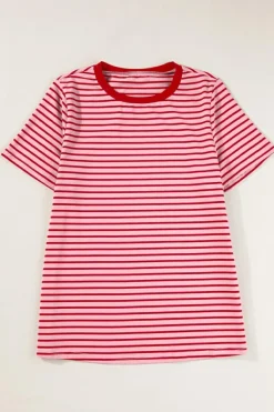 Hot Dear-Lover Crew Neck Casual T Shirt Pink Stripe