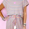 New Dear-Lover Crew Neck Tee and Tasseled Drawstring Shorts Set Pink Stripe