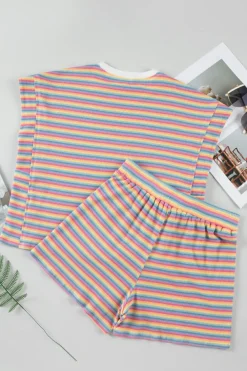 New Dear-Lover Crew Neck Tee and Tasseled Drawstring Shorts Set Pink Stripe