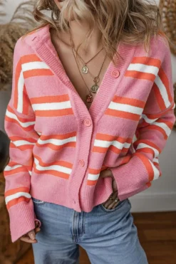 Clearance Dear-Lover Drop Shoulder Buttons Cardigan Sweater Pink Stripe