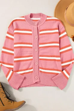 Clearance Dear-Lover Drop Shoulder Buttons Cardigan Sweater Pink Stripe
