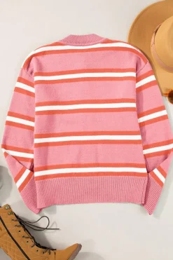 Clearance Dear-Lover Drop Shoulder Buttons Cardigan Sweater Pink Stripe