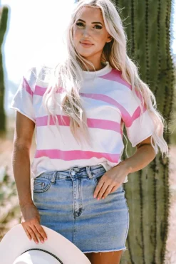 Discount Dear-Lover Dropped Short Sleeve Lightweight Knitted Top Pink Stripe