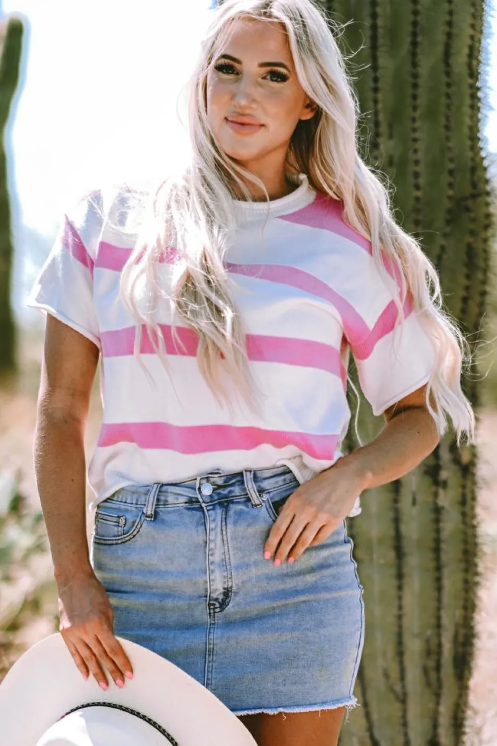 Discount Dear-Lover Dropped Short Sleeve Lightweight Knitted Top Pink Stripe