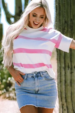 Discount Dear-Lover Dropped Short Sleeve Lightweight Knitted Top Pink Stripe