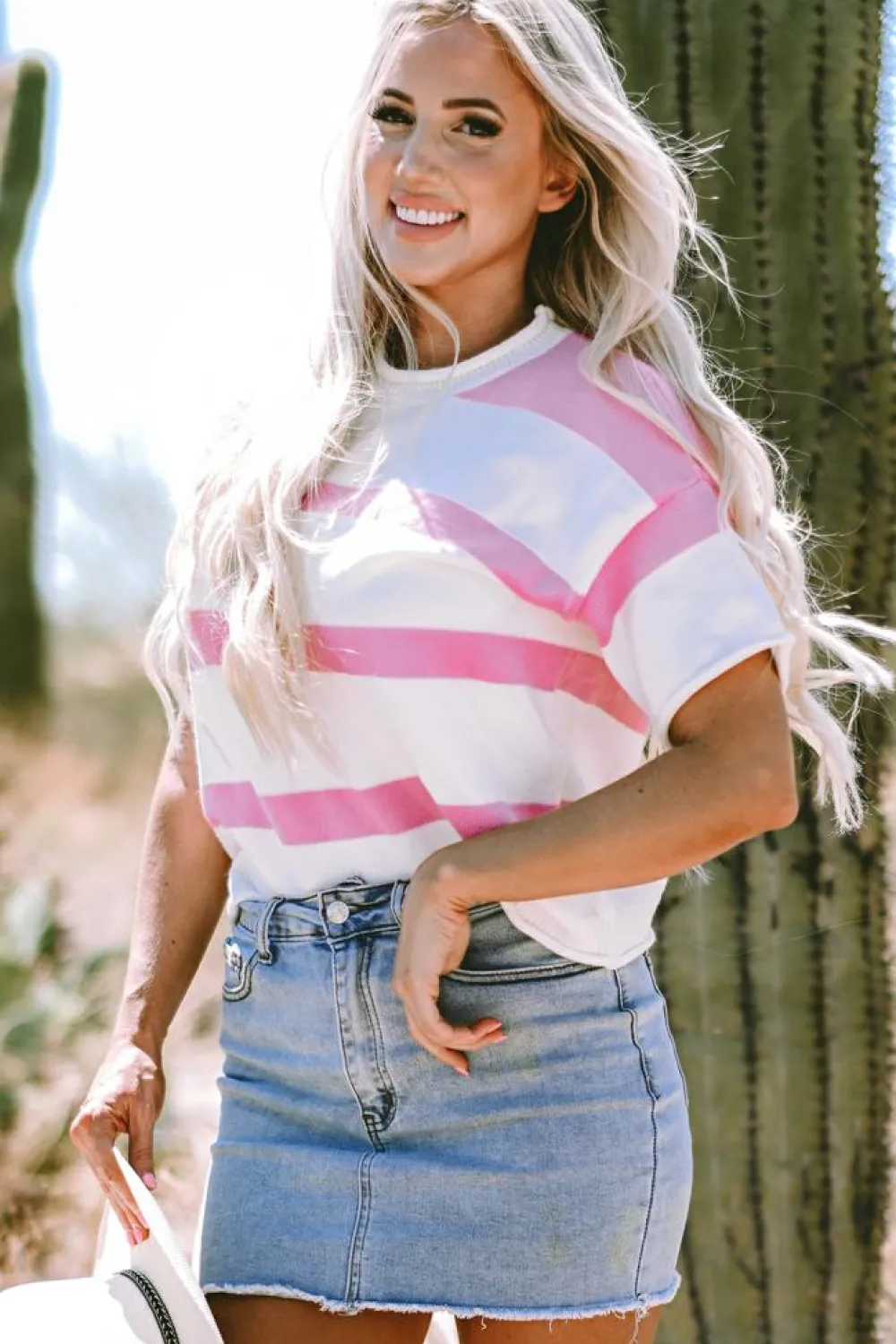 Discount Dear-Lover Dropped Short Sleeve Lightweight Knitted Top Pink Stripe
