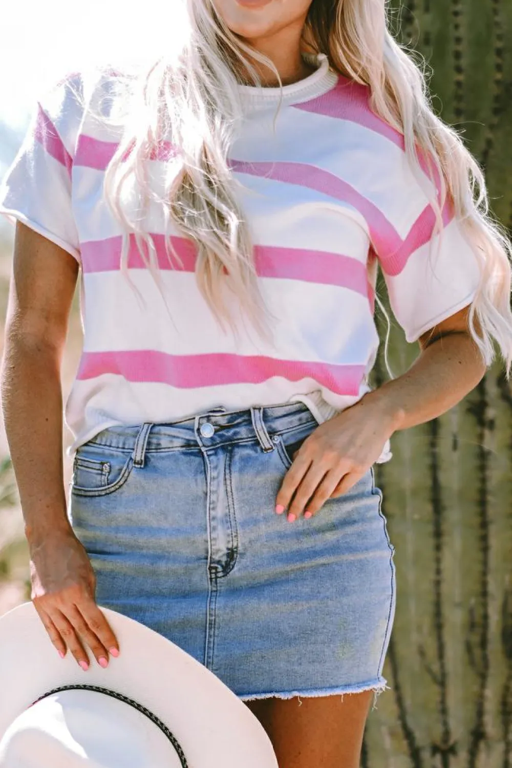 Discount Dear-Lover Dropped Short Sleeve Lightweight Knitted Top Pink Stripe