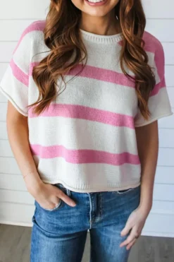 Discount Dear-Lover Dropped Short Sleeve Lightweight Knitted Top Pink Stripe