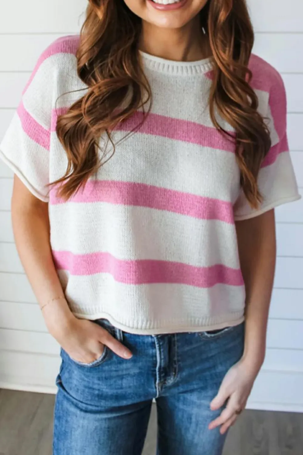 Discount Dear-Lover Dropped Short Sleeve Lightweight Knitted Top Pink Stripe