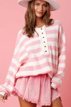 Clearance Dear-Lover Half Buttons Drop Shoulder Sweater Pink Stripe