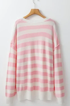 Clearance Dear-Lover Half Buttons Drop Shoulder Sweater Pink Stripe
