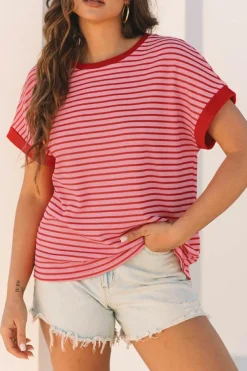 Hot Dear-Lover Knitted Round Neck T Shirt Pink Stripe