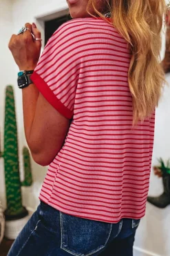 Hot Dear-Lover Knitted Round Neck T Shirt Pink Stripe