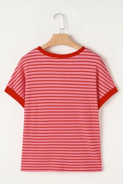 Hot Dear-Lover Knitted Round Neck T Shirt Pink Stripe