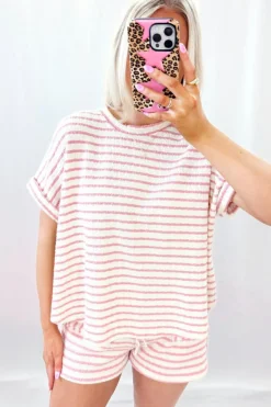 Hot Dear-Lover Knitted Short Sleeve Top and Drawstring Shorts Set Pink Stripe