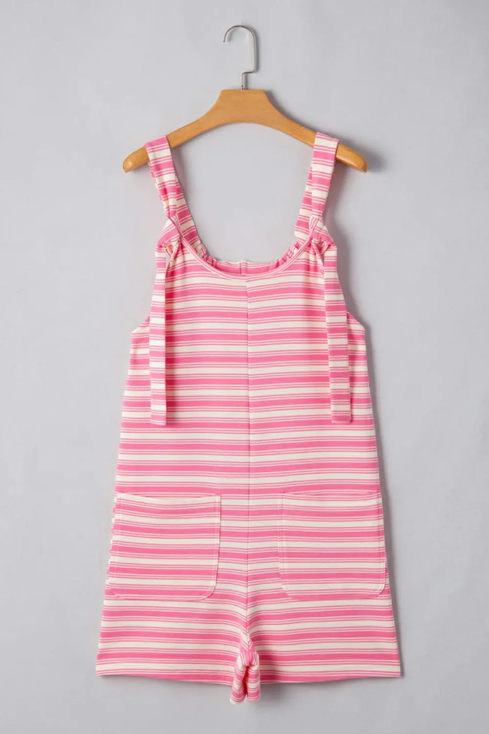 Fashion Dear-Lover Knotted Strap Patched Pocket Romper Pink Stripe