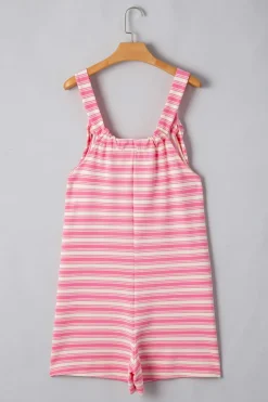 Fashion Dear-Lover Knotted Strap Patched Pocket Romper Pink Stripe
