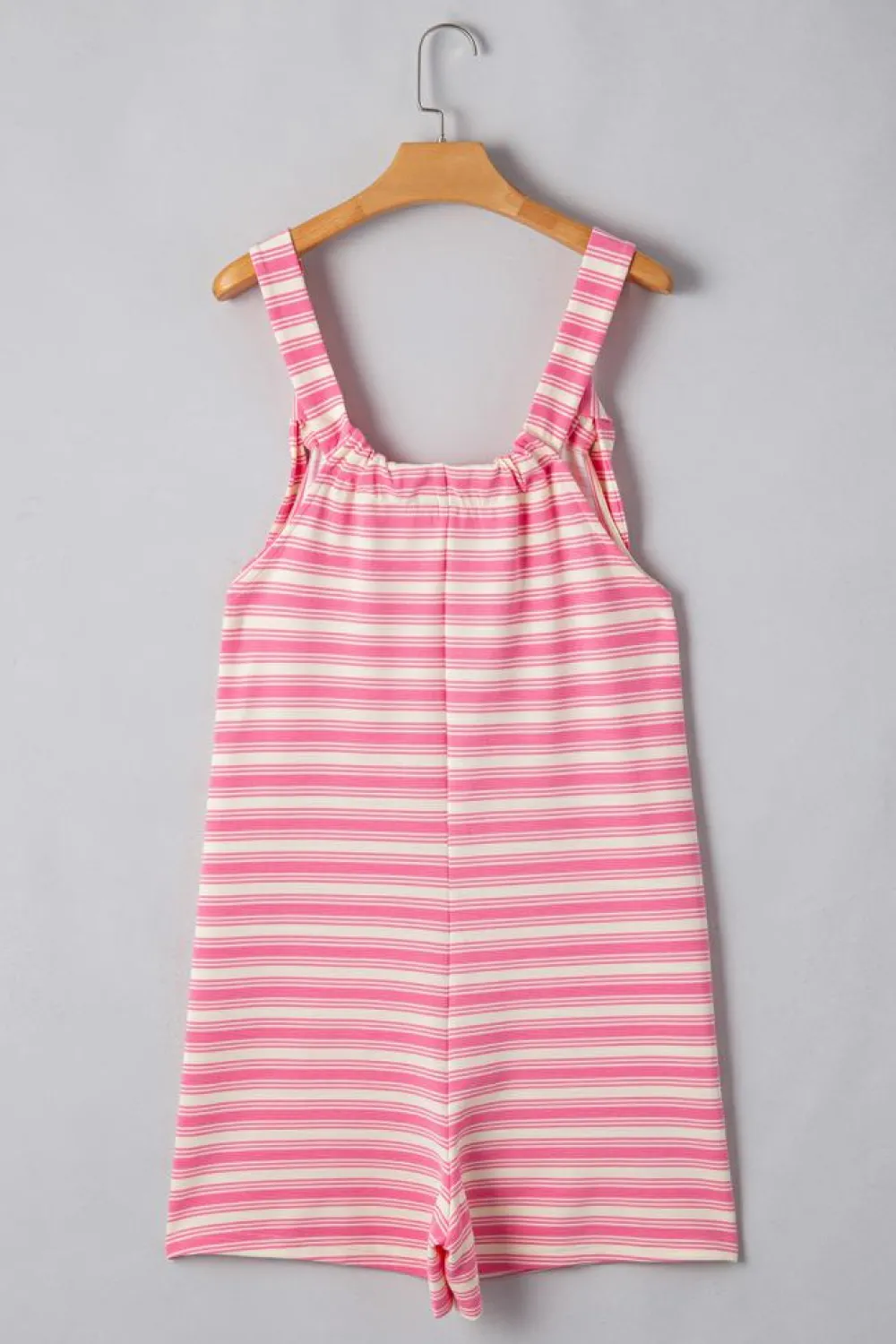 Fashion Dear-Lover Knotted Strap Patched Pocket Romper Pink Stripe