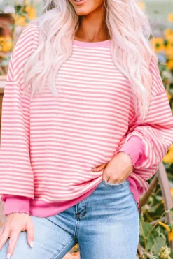 Outlet Dear-Lover Loose Drop Shoulder Long Sleeve Top Pink Stripe