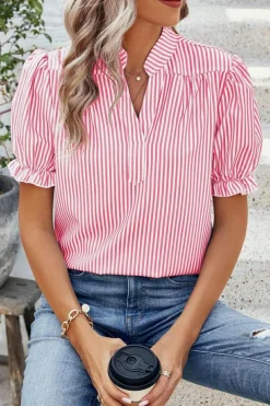 Best Dear-Lover Notched Neck Frilled Short Puff Sleeve Blouse Pink Stripe