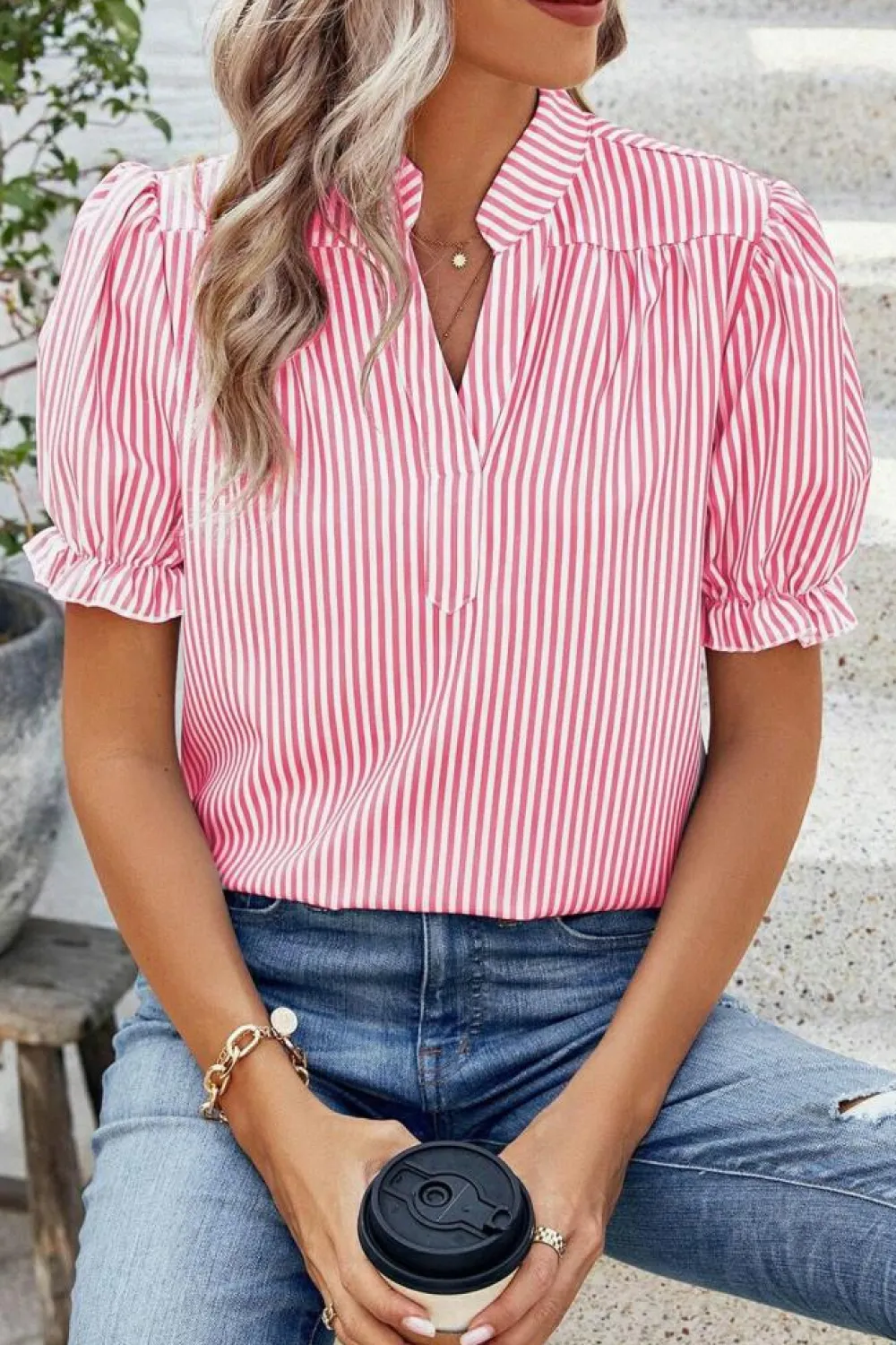 Best Dear-Lover Notched Neck Frilled Short Puff Sleeve Blouse Pink Stripe