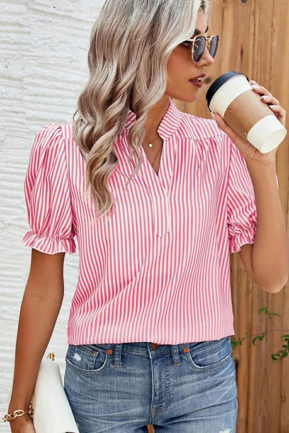 Best Dear-Lover Notched Neck Frilled Short Puff Sleeve Blouse Pink Stripe