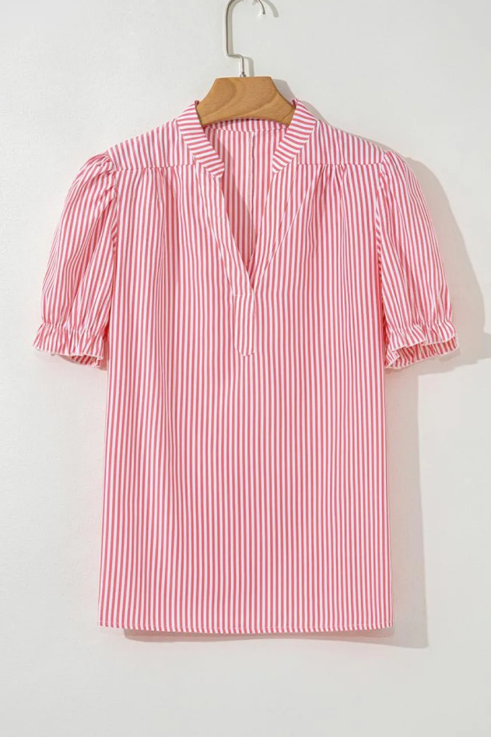 Best Dear-Lover Notched Neck Frilled Short Puff Sleeve Blouse Pink Stripe