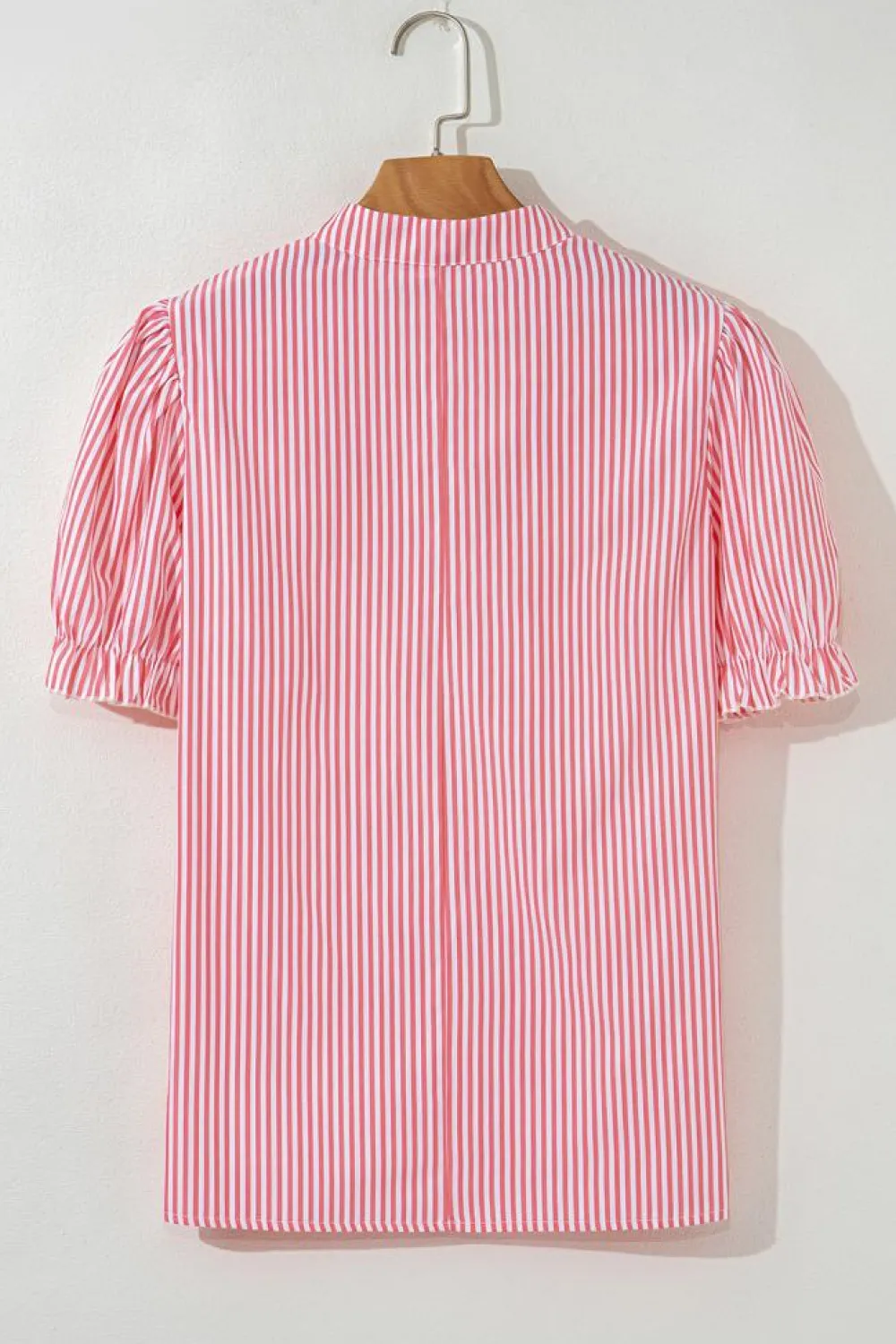 Best Dear-Lover Notched Neck Frilled Short Puff Sleeve Blouse Pink Stripe
