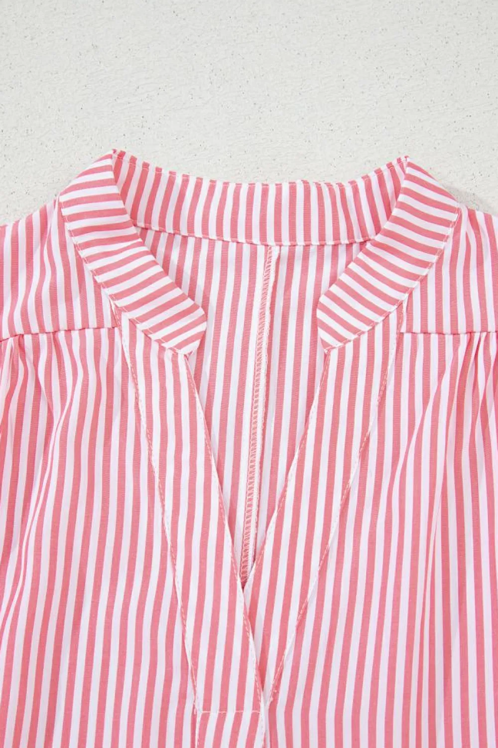 Best Dear-Lover Notched Neck Frilled Short Puff Sleeve Blouse Pink Stripe