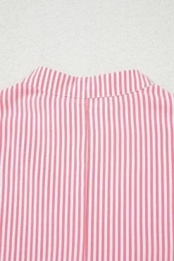 Best Dear-Lover Notched Neck Frilled Short Puff Sleeve Blouse Pink Stripe