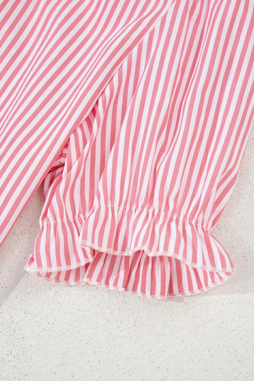 Best Dear-Lover Notched Neck Frilled Short Puff Sleeve Blouse Pink Stripe