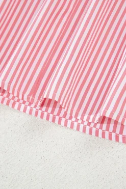 Best Dear-Lover Notched Neck Frilled Short Puff Sleeve Blouse Pink Stripe