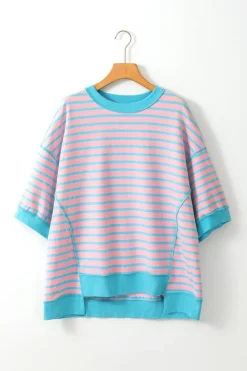 Sale Dear-Lover Oversized Contrast Trim Exposed Seam High Low T Shirt Pink Stripe