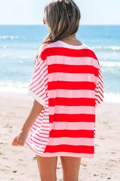 Clearance Dear-Lover Patchwork Round Neck Side Split Loose T Shirt Pink Stripe